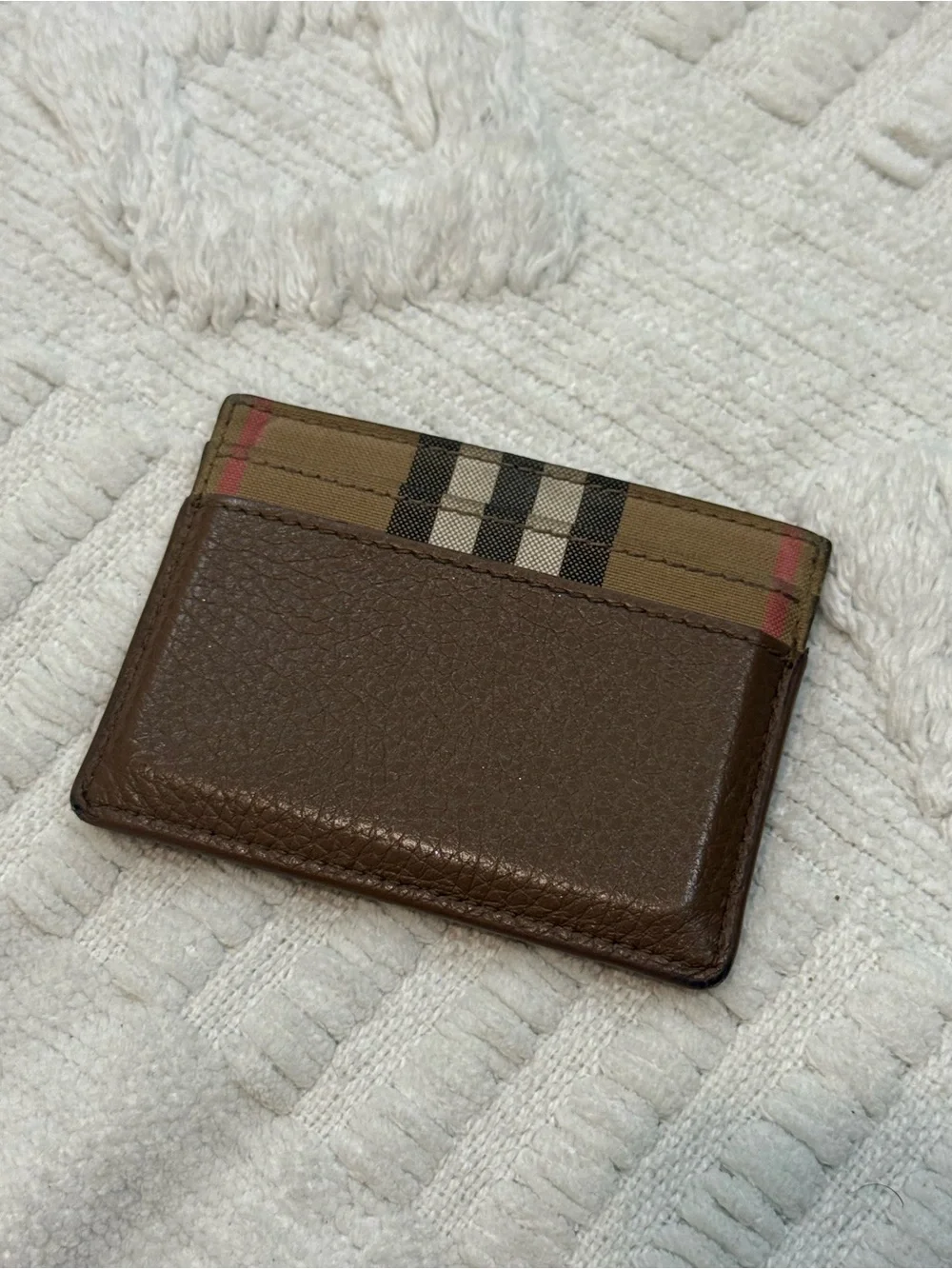 Burberry Brown Pebbled Leather & Check Card Holder with Pink Accent
